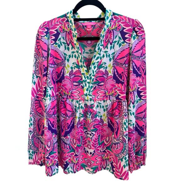 Lilly Pulitzer Winona Tunic Long Slv Blouse She's Too Fly Sz M Empire Peplum Top - Picture 2 of 7